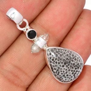 925 Sterling Silver Black Coral Onyx Herkimer Diamond Double Point Pendant